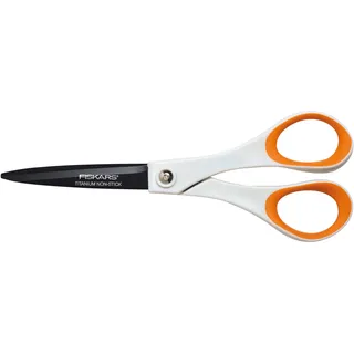 Fiskars Antihaft-Universalschere, Länge: 18 cm, Für Rechts- und Linkshänder, Titan-Beschichtung/Rostfreie Stahl-Klinge/Kunststoff-Griffe, Weiß/Orange, 1004720