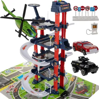 Interaktives Parkhaus Set für Kinder Parkgarage Aufzug Spielzeugautos Hubschrauber Spielmatte Verkehrsschilder Tankstelle 4 Etagen 24646