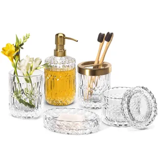 Empo 6-teiliges Badezimmer-Zubehör-Set aus klarem Glas (Lotion-Seifenspender, Seifenschale, Zahnbürstenhalter, Becher, Wattestäbchen-Glas), Moderne Dekoration, Kristall-Vintage-Geschenk (Transparent)