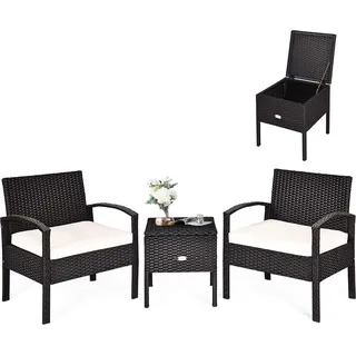 COSTWAY 3-teiliges Gartenmöbel Set, Balkonmöbel mit Kissen, Polyrattan Balkonset mit 2 Sessel und Tisch, Sitzgruppe Terrassenmöbel Rattanmöbel für Balkon, Garten, Veranda - Schwarz, Beige