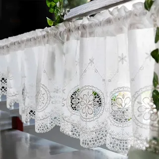 Ricemru Scheibengardine Landhausstil Weiss Kurz mit Mandala Blumen Shabby Chic Bistrogardine Baumwolle Halbtransparent Kurzgardinen Kurzvorhang Kurzstores Gardinen Küche 250x50