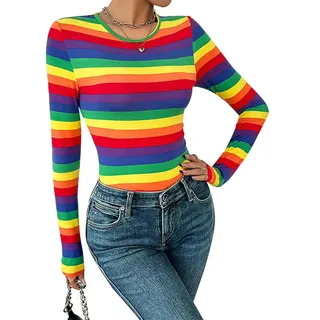 Damen T-Shirt mit Rundhalsausschnitt, lässig, bunt, Regenbogen-Streifen, langärmelig, Mehrfarbig, S