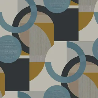 next Vliestapete Retro-Geo Blau-Ocker , Papier, Kunststoff , Grafikmuster , Rechteckig , 52x1000 cm , FSC Mix ,