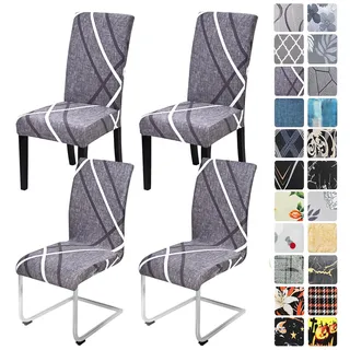 Alishomtll Stretch Stuhlhussen 4er/6er Set Grau Stuhlbezug Schwingstuhl Elastische Hussen Abnehmbarer Waschbarer Stühle Schutz für Esszimmer Küche Restaurant Hotel Bankett (Grau Weiß Linien, 4 Stück)