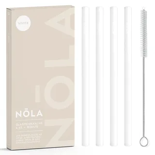 NOLA Premium Glastrinkhalme weiß, 4er-Set + Reinigungsbürste - 15 cm lang - Spülmaschinenfest, Spezialglas - für heiße & kalte Getränke, Tee, Cocktails, Smoothies, Säfte