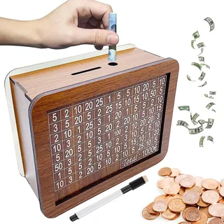 RUOXIXI Spardose Aus Holz Sparbox mit Zahlen Ankreuzen Geld sparen Box Sparbüchse Zum Ankreuzen mit Ziel Geldsparbox mit Ziel,Urlaub Spardose,Sparsose,Sparschwein,Sparbox 1000