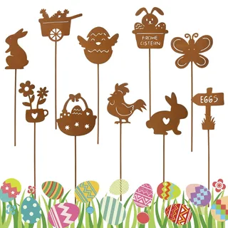 YUE QIN 10 Stück Gartenstecker Gartendeko Rost Osterdeko Garten Draußen Rostdeko Gartendeko Metall Outdoor Blumenstecker Ostern Deko Osterdekoration Frühling Oster Deko für Terrasse Balkon Blumentopf