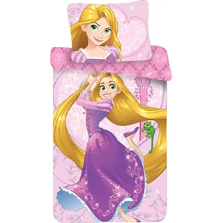 Disney Rapunzel Kinder Bettwäsche Prinzessin rosa mit Reißverschluss Bettbezug 140x200 cm, Kissenbezug 70x90 cm, 100% Baumwolle - Bunt
