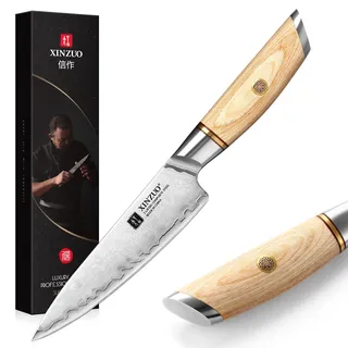 XIZNUO 13cm Allzweckmesser Verbundstahl Universalmesser, 3 Schichten Verbundstahl 10Cr15CoMoV Stahlkern Obstmesser Scharfe Schälmesser, Profi Edelstahl Küchen Chefmesser -mit Pakkaholz Griff