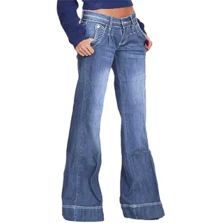 Flamingals Niedrige Leibhöhe, gerades Bein, weites Bein, Baggy-Jeans, Damen, Stretch, Boyfriend-, Schmetterlings-Schlaghose, Denim-Hose, Mittleres Blau, Groß