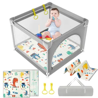 YOBWOK Laufstall Baby 90x90cm,Laufgitter Baby mit Matratze,Kleines Laufstall Faltbar für Apartment, Atmungsaktivem Netz und Reißverschlusstür,Rutschfeste Basis