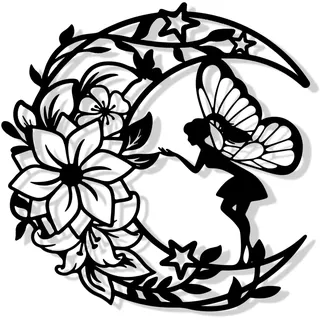 YunBey Wanddeko Schwarz Metall Mädchenzimmer Deko Mond Blumen Feen Metall Deko Kinder Wandskulpturen für Mädchen Kinderzimmer Garten Fenster (30 x 30 cm)