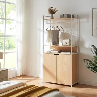 [en.casa] Garderobenständer Larem Kleiderständer mit Schrank Metallgestell 180 x 84 x 40 cm offener Kleiderschrank mit Kleiderstange Standgarderobe Flurgarderobe mit 2 Ablagen Eicheoptik