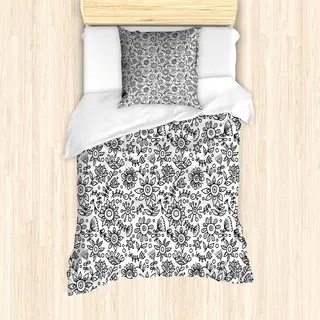 ABAKUHAUS Schwarz und weiß Mantele, Blumenskizze, Milbensicher Allergiker geeignet mit Kissenbezügen, 135 cm x 200 cm - 80 x 80 cm, Schwarz-Weiss - Schwarz