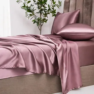 Damier Satin Spannbettlaken 160x200cm Rosa Altrosa Seide Glänzend Spannbetttuch Hochwertiges Satin Deluxe Bettlaken, geeignet für Matratzen bis 30cm