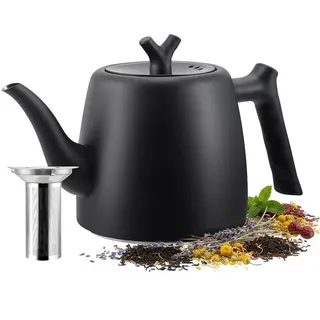 Teekanne Schwarz, 2L Große Tee Kanne mit Teesieb,Teapot Thermo 10-12 Tassen Doppelwandig Tea Maker aus Edelstahl für Losen Tee Ingwer & Kräutermischungen