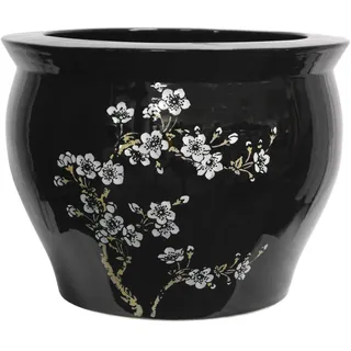 ORIENTAL FURNITURE Klassischer japanischer chinesischer Keramik-Pflanzgefäß, 35,6 cm, Pflaumenblüten auf schwarzem Porzellan-Töpfer-Jardiniere