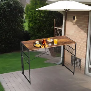 FurnitureR Klappbarer Beistelltisch 100x50cm - Retro Braun mit Metallgestell, Haken, platzsparend für Balkon/Terrasse, 50kg Tragkraft (5,5cm flach)