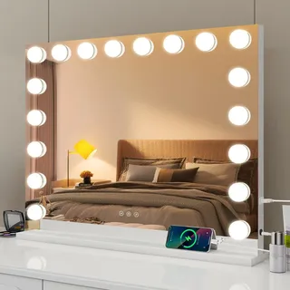eklipt Schminkspiegel mit Beleuchtung 80x60cm Hollywood Spiegel mit Beleuchtung Kosmetikspiegel 18 LED Licht 3 Lichtfarben mit USB 10X Vergrößerung Touch Control Tischplatte (18LED-Weiß)