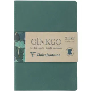 Clairefontaine 115948C - Set mit 2 Notizbüchern Ginkgo, mit Fadenbindung, A5 14,8x21 cm, 32 Blatt liniert 90g, 1 Notizbuch mit Ledereinband + 1 Notizbuch mit bedrucktem Karteneinband, sortiert, 2 Stück