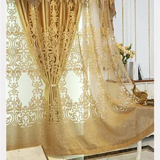 Amidoudou 1 Paar europäische Luxus-Fenstervorhänge für Wohnzimmer, Tüll, Balkon, Schlafzimmer, Goldener Jacquard-Vorhang (Gold, 137 x 248 cm)