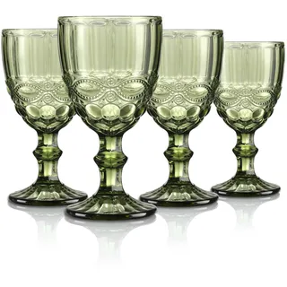 Joeyan 300ml Grün Weingläser,Set von 4 Kelche Vintage mit Schliff,Farbiger Weinkelch für Wein Saft Getränke,Rotweingläser Weißweingläser Trinkgläser mit Fuß,Spülmaschinenfest