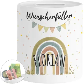 Tassenliebling® Wunscherfüller Spardose Regenbogen personalisiert mit Name - Spardose Kinder mit Tiermotiv - Kinderspardose Mädchen Jungen - Sparschwein, Sparbüchse Geburtstag, Weihnachten, Geburt