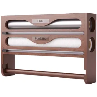 Folienspender Wand Holz Küchen Folienschneider Mit Küchenrollenhalter Alufolie Frischhalte und Backpapier Organizer für Rollen mit Einer Breite von 30,7cm oder weniger, Braun