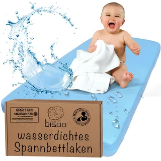 Bisoo Spannbettlaken 75x100 cm für Lauf, Krabbelgitter und Reisebett - wasserdichte Leintuch Matratzenschoner für Laufgitter Baby - 100% Baumwolljersey Öko-Tex - 1 Stück Blau 100x75 cm