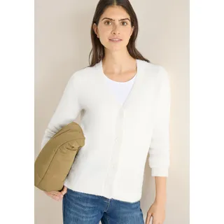 Cardigan CECIL, Damen, Gr. XL (44), weiß (light greige), Strick, Obermaterial: 80% Polyester, 20% Baumwolle, unifarben, hüftbedeckend, V-Ausschnitt, Bündchen, Strickjacken Cardigan, in flauschiger Federgarn-Qualität