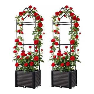 2er Set Hochbeet Metall & PP für Garten mit Rankhilfe Pflanzenhalter, Pflanzkasten Blumenkasten Kräuterbeet mit Selbstbewässerung für den Anbau von Tomaten, Blumen und Kräutern, 40x40x150cm