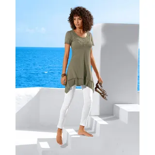 Longshirt HEINE "Longshirt", Damen, Gr. 34, grün (oliv), 100% Viskose, Spitze:100% Baumwolle, unifarben, Rundhals, Shirts Longshirt