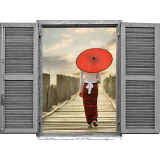 Queence Wandtattoo »Frau auf Brücke« Wandsticker, Wandbild, selbstklebend, 3D, Fenster, braun