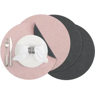 Banchif Tischsets, Durchmesser 38cm Leinenimitat Platzsets Abwaschbar rutschfeste Tischsets Platzsets Doppelseitigen Platzdecken (Grau-Rosa, Rund Satz von 4)