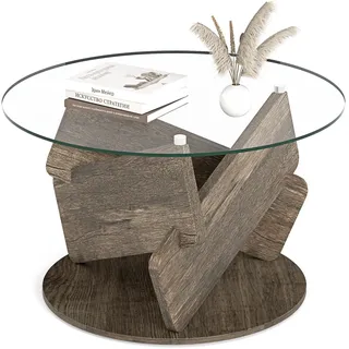 FANTASK Runder Couchtisch Glas, Moderner Glastisch mit Massivholzrahmen, Sofatisch, Coffee Table für Wohnzimmer und Büro, φ 81cm x 49cm (Grau)