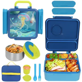 UHAPEER 3 in 1 Brotbox Kinder, Bento Box mit Fächern, BPA Frei Lunchbox mit Thermo Schale, Auslaufsicher Brotzeitbox für Kindergarten, Brotdose Schule mit Besteck,Jausenbox,Saucenbox und Tasche