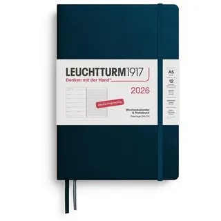 Leuchtturm1917 372478 Wochenkalender & Notizbuch Medium A5 2026 12 Monate, Deep Sea,