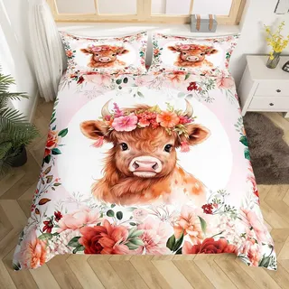 Loussiesd Nette Hochland Kuh Bettwäsche Set 135x200cm Kinder Cartoon Tier Betten Set für Jungen Mädchen Blume Blumendruck Bettbezug Set Bauernhof Zoo Garten Bettwäsche mit Reißverschluss