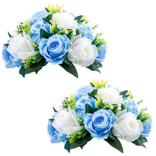 NUPTIO 2 Stück Künstliche Blumenstrauß, 15 Köpfe Kunststoff Rosen mit Sockel, Geeignet für Unser Geschäft Hochzeit Herzstück Blumenregal Parteien Valentinstag Wohnkultur (Blau & Weiß)