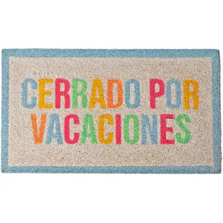 FISURA – Fußmatte cerrado por vacaciones aus Kokosfaser mit Rutschfester PVC-Unterseite. Bunte, handbemalte Türmatte mit originellem Design. Maße: 70 cm x 40 cm.