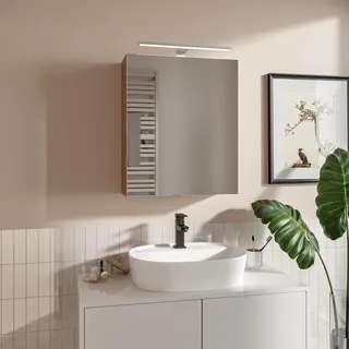 HAJDUK FURNITURE Badspiegelschrank 50x60 cm Sonoma mit LED – Spiegelschrank Bad mit Beleuchtung grifflos mit Ablage - Beige