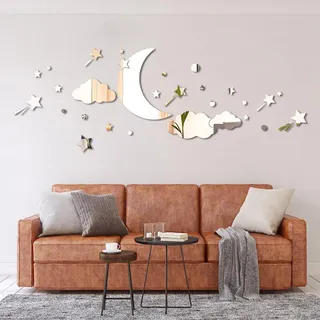 Wolke Mond und Sterne Spiegel Wandaufkleber, abnehmbare Acryl Mond und Sterne Wandspiegel Aufkleber Abziehbilder, 3D Mond Stern Kunst Wanddekoration für Baby Kind Schlafzimmer Wohnzimmer Decke(Silber)