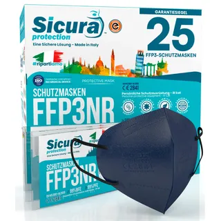 25x CE-zertifizierte FFP3 Masken Blau mit Schwarzen Gummibänder Made in Italy mit aufgedrucktem SICURA-Logo PFE ≥99% BFE ≥99% SANIFIZIERT einzeln versiegelt