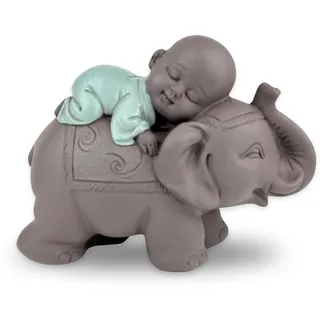 Zen Light Zen'Light Statue Buddha Bonze Schlafend auf Elefant - Zen-Atmosphäre in Ihrem heiligen Raum - wunderschöne glücksbringende Figur -H 9.5 cm, Braun & Grün