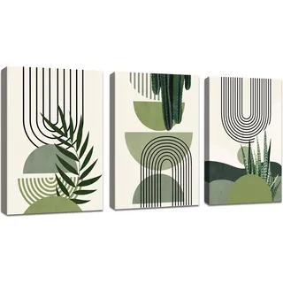 3Pcs Boho Blätter Leinwandbilder Bilder Set mit Rahmen Aesthetic Grüne Pflanze Bilder Moderne Wandbilder Schlafzimmer Bild Auf Leinwand Kunstdruck Deko für Wohnzimmer fertig zum Aufhängen 40x60cmx3