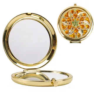 ANNASAMDO 2 Stück Klappspiegel mit Blumenmuster,Vintage Taschenspiegel,Doppelseitiger Metallspiegel 1x/2x Vergrößerung, 6,5cm Kompaktformat für unterwegs (Gold)