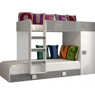 Etagenbett für Kinder Toledo 2 Stockbett mit Treppe und Bettkasten (Weiß + Grau Glanz) - Weiß, Grau