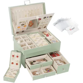 Casiwaft Schmuckkästchen, 3 Ebenen großer PU Leder Reise Schmuckschatulle mit tragbarer Mini-Box für Reisen, Schmuckbox mit Spiegel für Halsketten, Ohrringe, Ringe, Uhren, Avocadogrün