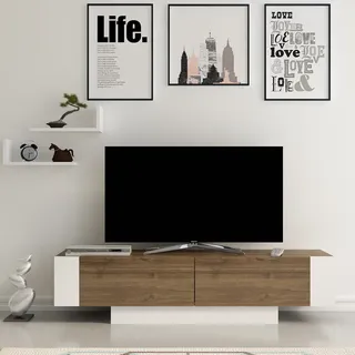 Skye Decor, Moderner TV-Ständer aus 100% melaminbeschichtetem Spanplatten, 150 x 41,6 x 31,5 cm | Wandregal (2 Stück) 40 x 16,8 cm | Zusätzlicher Stauraum, Walnuss und Weiß. - Braun, Weiß