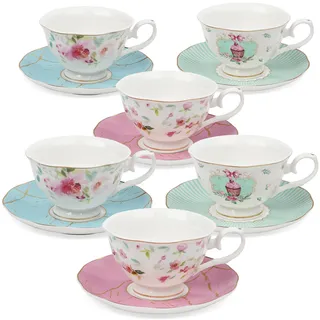 fanquare 6er Set Rose Teetasse und Untertasse, Britische Teetassen Set für Geschenk, Bunte Blumen Porzellan Teeservice